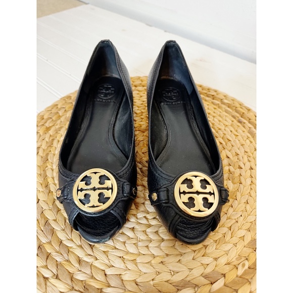 Tory Burch Black Leather Leticia Peep Toe Wedge Pumps 7.5